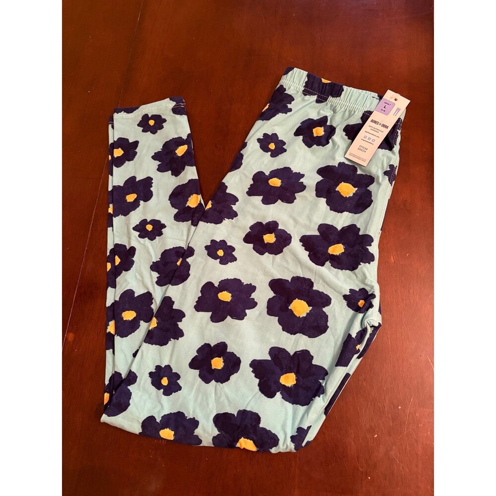 Agnes & Dora women’s leggings large high waisted soft blue yellow floral classic